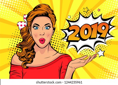 2019 New Year comic book style postcard or greeting card with WOW sexy young girl. Vector illustration in pop art retro comic style.