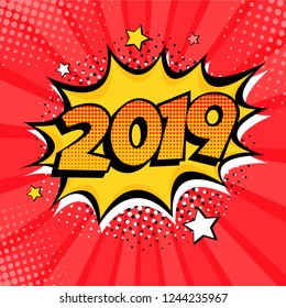 2019 Año Nuevo estilo de cómic postal o elemento de tarjeta de felicitación. Ilustración vectorial en estilo de cómic retro de arte pop.