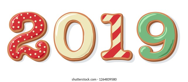 2019 new year concept with gingerbread cookies, covered in ice-sugar syrup, isolated on white. Christmas holiday cookie letters, in white, green and red colors