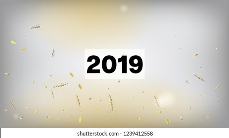 2019 New Year Confetti Realistic Falling Golden Tinsel.  Horizontal Mystical Night Sky Background. Cool Premium Christmas, New Year, Birthday Party Holiday Scatter. New Year Confetti Golden Tinsel