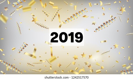 2019 New Year Confetti Realistic Falling Golden Tinsel.  Horizontal Magic Shapes Background. Cool Luxury Christmas, New Year, Birthday Party Holiday Scatter. New Year Confetti Golden Tinsel