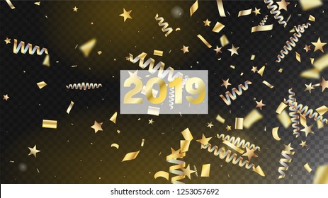 2019 New Year Confetti Realistic Falling Golden Tinsel.  Cool Rich VIP Christmas, New Year, Birthday Party Holiday Garland. Horizontal Mystical Shapes Background. New Year Confetti Golden Tinsel