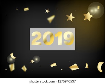 2019 New Year Confetti Realistic Falling Golden Tinsel.  Horizontal Mystical Bokeh Background. Cool Sparkling Christmas, New Year, Birthday Party Holiday Texture. New Year Confetti Golden Tinsel