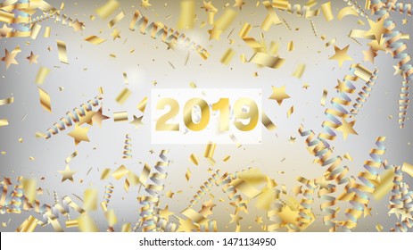 2019 New Year Confetti Realistic Falling Golden Tinsel.  Horizontal Magic Explosion Background. Cool Glamour Christmas, New Year, Birthday Party Holiday Banner. New Year Confetti Golden Tinsel