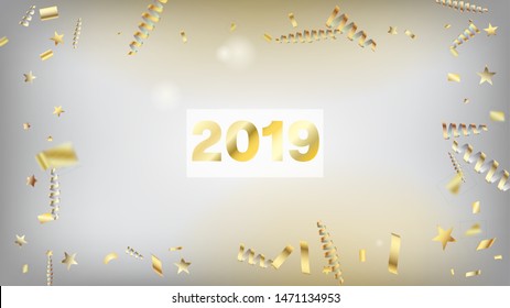 2019 New Year Confetti Realistic Falling Golden Tinsel.  Horizontal Stars Shimmer Background. Cool Sparkling Christmas, New Year, Birthday Party Holiday Border. New Year Confetti Golden Tinsel