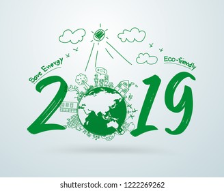 2019 new year in creative drawing environmental and eco-friendly technologies, energy saving, ecological recycling. Vector illustration layout template design