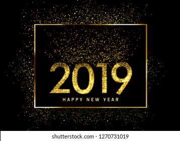 2019 New Year. Creative Text golden with bright sparkles and glitter style on dark background. Vector Illustrations. Template design