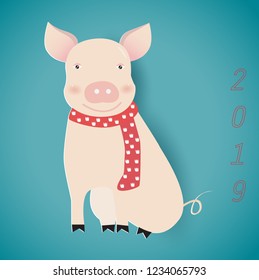 2019 New year with a cute pig,vector illustration.