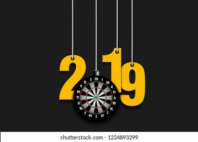 2019 New Year and dartboard as a Christmas decorations hanging on strings. 2019 hang on cords on an isolated black background. Design pattern for greeting card. Vector illustration