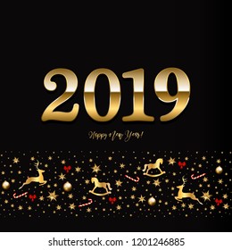 2019 New Year Decorative Border made of Festive Elements on black background Vector illustration