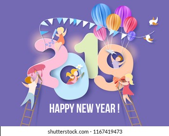 2019 New Year design card with kids on purple background. Vector illustration. Paper cut and craft style.