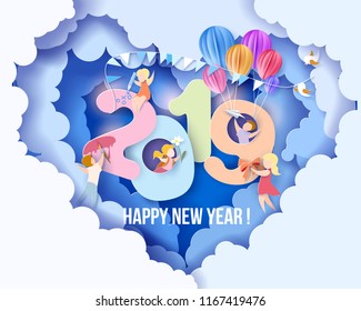 2019 New Year design card with kids, blue sky background. Vector illustration. Paper cut and craft style.