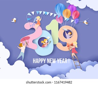 2019 New Year design card with kids, blue sky background. Vector illustration. Paper cut and craft style.