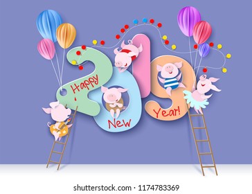 2019 New Year design card with pigs on purple background. Vector illustration. Paper cut and craft style.