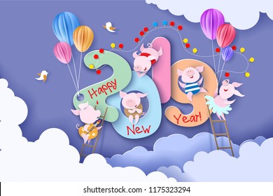 2019 New Year design card with pigs on purple background with clouds. Vector illustration. Paper cut and craft style.