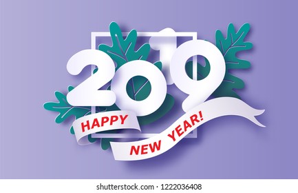 2019 New Year design card on purple background. Vector illustration. Paper cut and craft style.