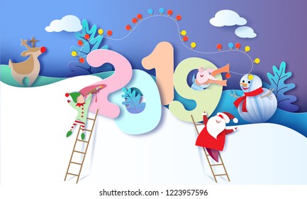 2019 New Year design card with Santa Claus, Snowman, Reindeer and elf on blue sky background. Vector illustration. Paper cut and craft style.