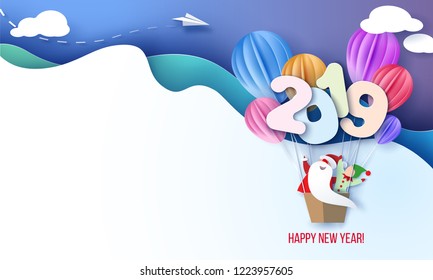 2019 New Year design card with Santa Claus and elf on air balloons on blue sky background. Vector paper art illustration. Paper cut and craft style.