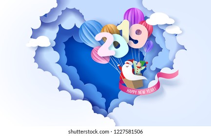 2019 New Year design card with Santa Claus and elf on air balloons on blue sky background with heart shaped clouds. Vector paper art illustration. Paper cut and craft style.