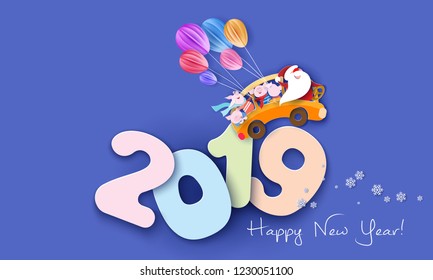 2019 New Year design card with Santa Claus and funny pigs driving yellow bus over numbers on blue background. Vector paper art illustration. Paper cut and craft style.