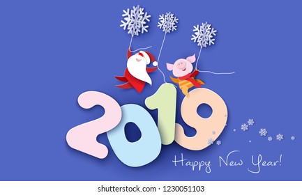 2019 New Year design card with Santa Claus and funny pig flying with snowflakes over numbers on blue background. Vector paper art illustration. Paper cut and craft style.