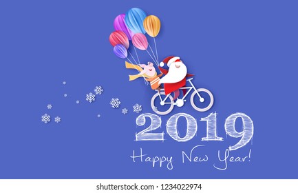 2019 New Year design card with Santa Claus and funny pig on bicycle over numbers on blue background. Vector paper art illustration. Paper cut and craft style.
