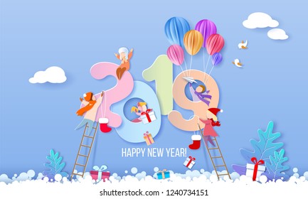 2019 New Year design card with kids on blue winter background. Vector illustration. Paper cut and craft style.