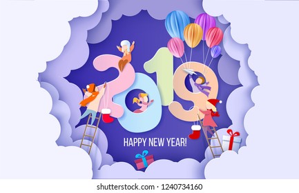 2019 New Year design card with kids on purple background. Vector illustration. Paper cut and craft style.