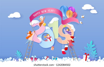 2019 New Year design card with children on blue winter background. Vector illustration. Paper cut and craft style.