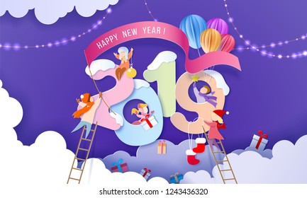 2019 New Year design card with children over big digits on purple background. Vector illustration. Paper cut and craft style.