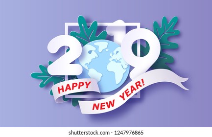 2019 New Year design card on purple background. Vector illustration. Paper cut and craft style.