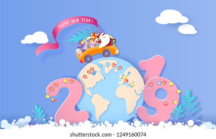 2019 New Year design card with Santa Claus and children driving yellow bus over globe Earth on blue background. Vector paper art illustration. Paper cut and craft style.