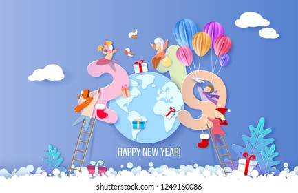 2019 New Year design card with children on blue winter background. Vector illustration. Paper cut and craft style.