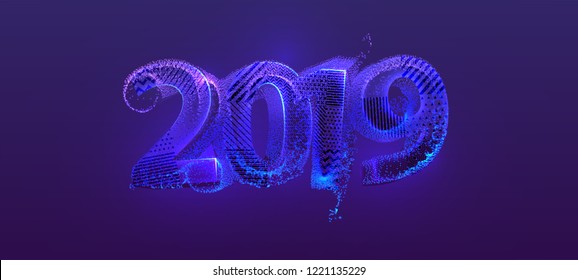 Diseño de Año Nuevo 2019 con flujo de partículas líquidas dinámicas para tarjeta de saludo, pancarta, cartel o afiche. Ilustración vectorial Eps10