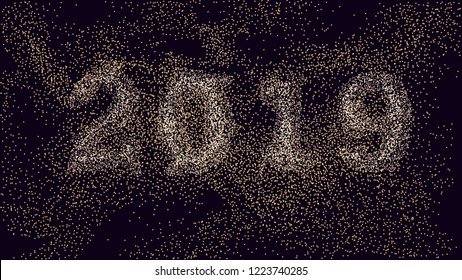 2019 New Year design with liquid dynamic fluid particles flow for greeting card, banner, placard or poster. vector illustration