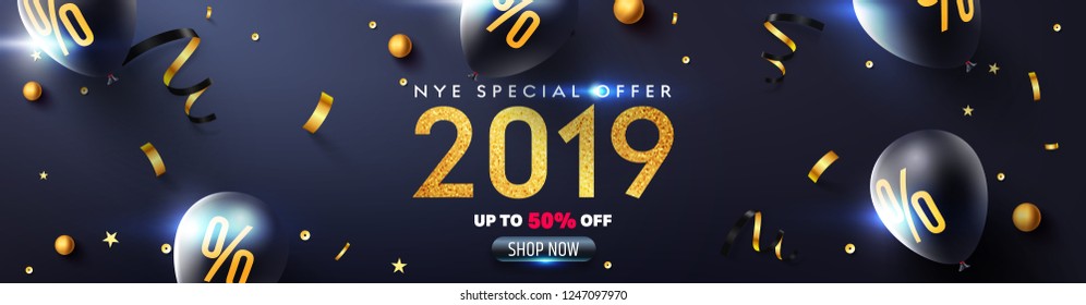 2019 New year eve Promotion Poster or banner with glitter texture,black balloons, golden ribbon and confetti.Promotion or shopping template for Christmas in golden and black style.Vector EPS10