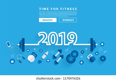 2019 ano novo fitness conceito de treino tipografia design alfabeto com equipamentos. Ilustração vetorial modelo de layout moderno plano