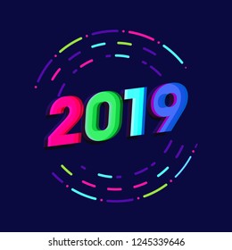 2019 New year glitch effect fluorescent bright colors. Greeting card template neon light style, holiday background, banner, poster vector illustration