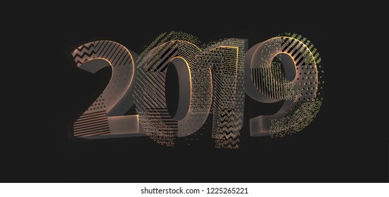 2019 New Year glowing particles liquid dynamic flow. Holiday trendy fluid cover design. Eps10 vector illustration for posters, placards, banners, flyers and brochures