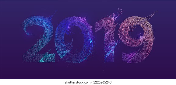 2019 Flujo dinámico líquido de partículas brillantes de Año Nuevo. Diseño de la cubierta de fluidos de moda de vacaciones. Ilustración vectorial Eps10 para carteles, carteles, pancartas, volantes y folletos