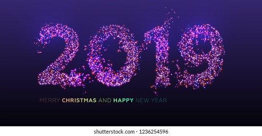 2019 Flujo dinámico líquido de partículas brillantes de Año Nuevo. Funda de fluido de moda para el diseño de vacaciones. Ilustración vectorial Eps10