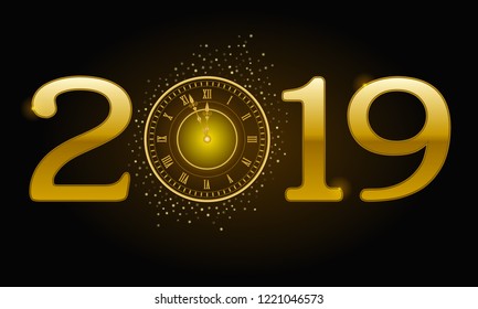 2019 New Year gold background with clock.