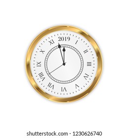 2019 New Year golden clock. Round retro clock with Roman numbers. Couple minutes untill New Year 2019.