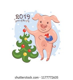 2019 New Year greeting card with pig standing near Christmas tree and holding a present. Vector illustration.