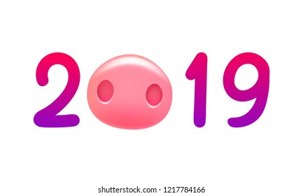 2019 New Year greeting card design. Year of the pig concept with cartoon realistic pig snout. Vector illustration.