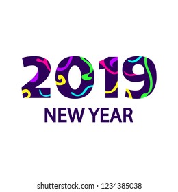 2019 New Year greeting card with colorful decorative fonts. Bright splash on purple background. Vector illustration