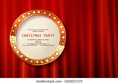 2019 New Year greeting card. Invitation to a Christmas party. With theater curtains and vintage light frame. Vector illustration