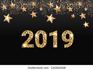 2019 New Year Greeting card with golden stars and sparkles, gold lettering