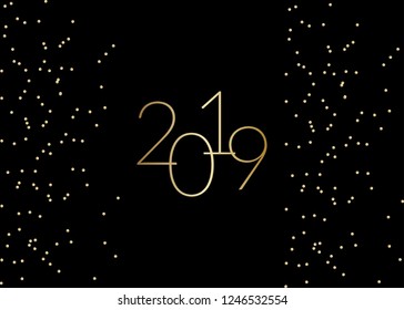 2019 New Year greeting card template with sparkling gold glitter and text 2019 in gold on black background. Elegant festive vector flyer, brochure, poster, social media post design.