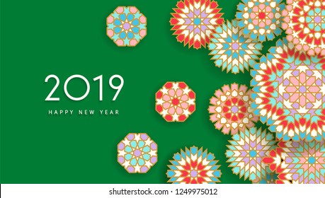 2019 New Year greeting card. Traditional Islamic design background. Vector illustration